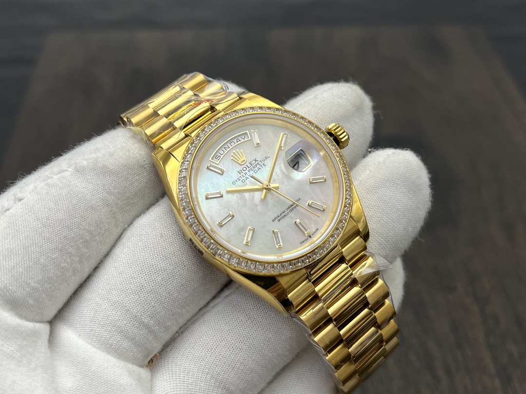 Super Clone Day-Date 36 mm Mother of Pearl Yellow Gold 128348RBR - Image 10