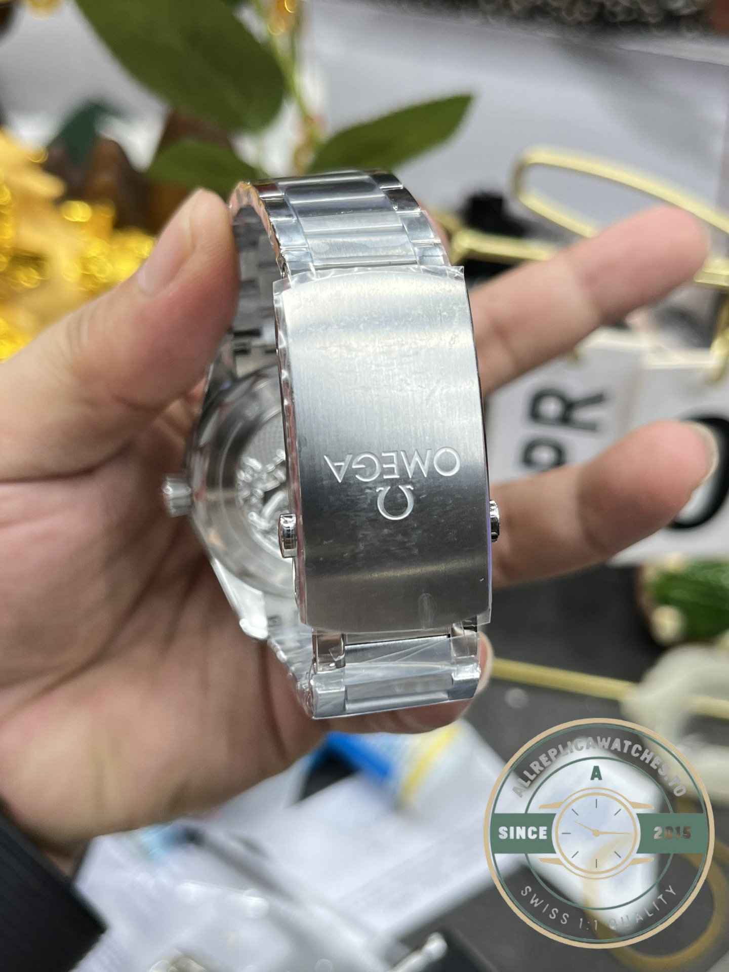 Automatic winding carries this clone Omega Seamaster 300 through a 48-hour running reserve