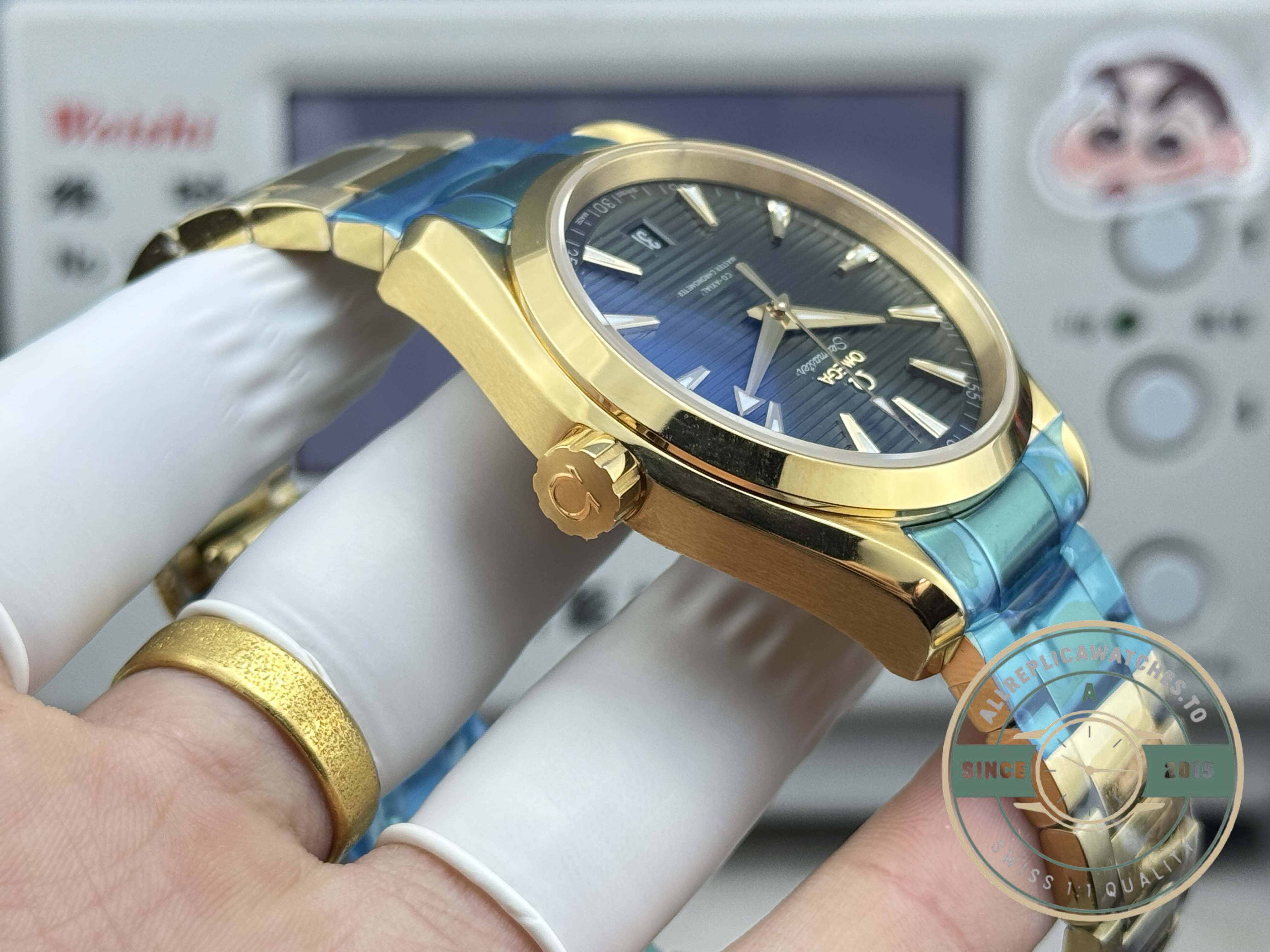 150 metres of water resistance behind the gold Omega Aqua Terra superclone case back