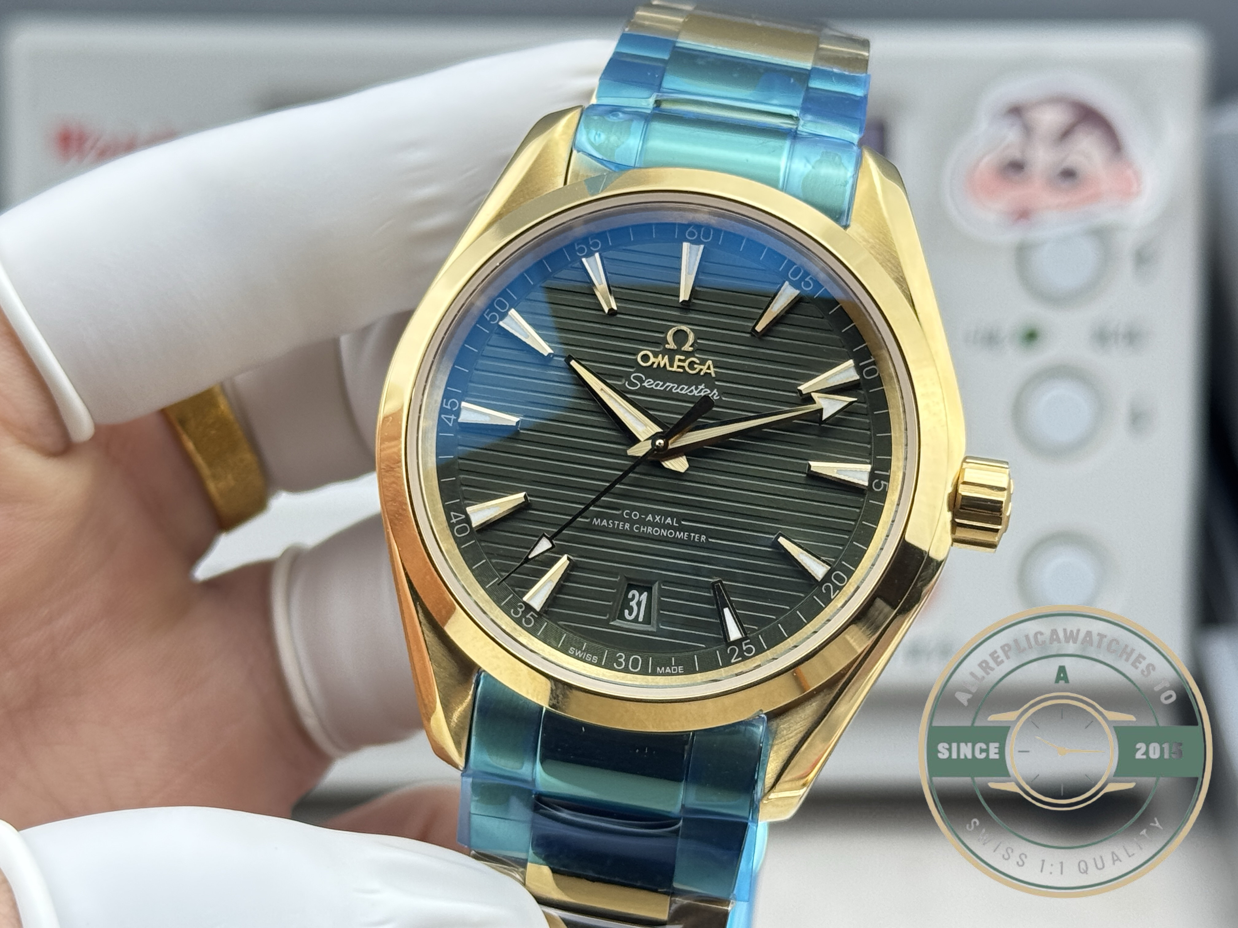 48-hour power reserve from the VS8900 inside this 18K gold Aqua Terra clone
