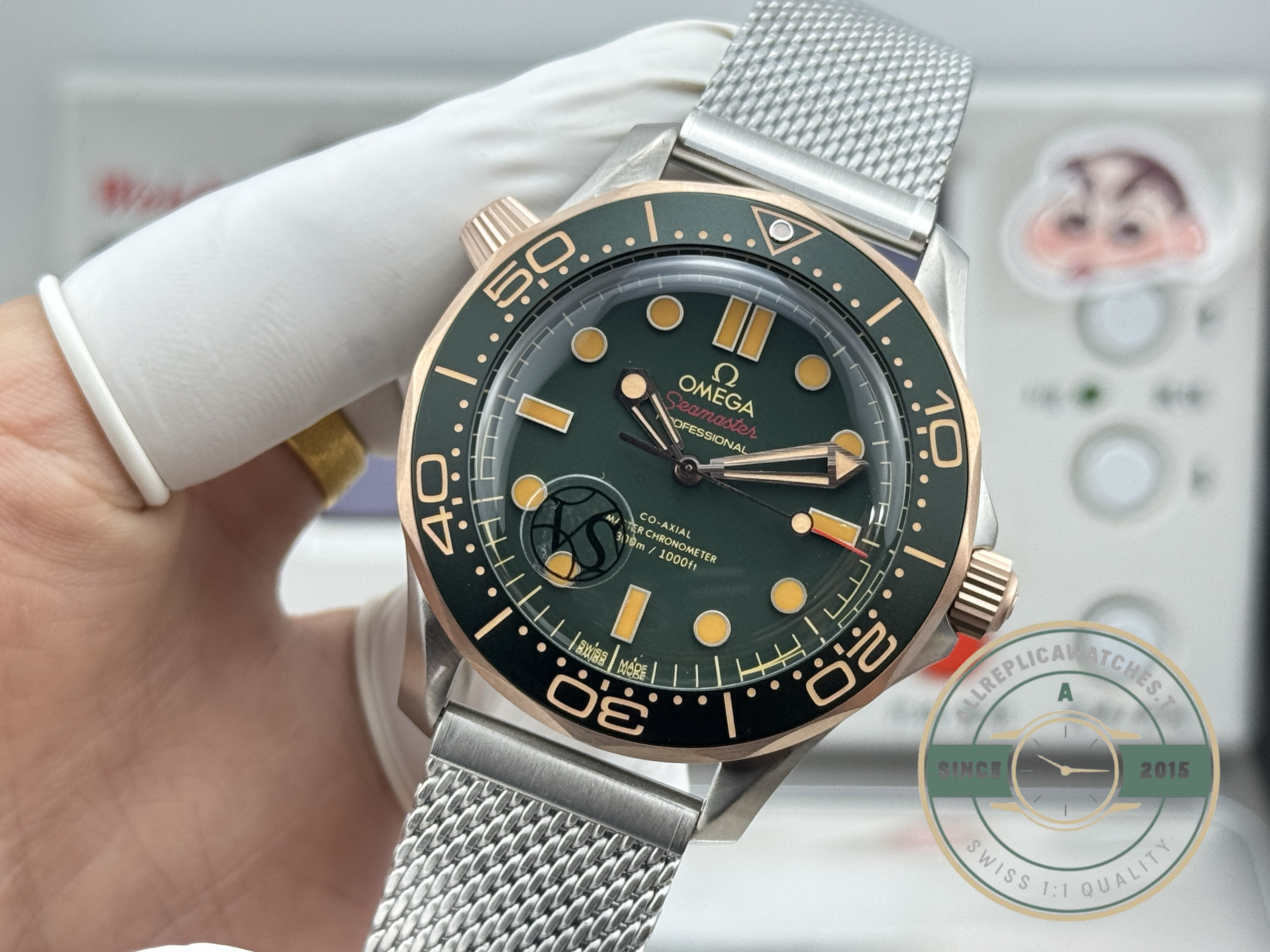 Brushed titanium bracelet in a muted tone beside the green dial, Diver 300M super clone