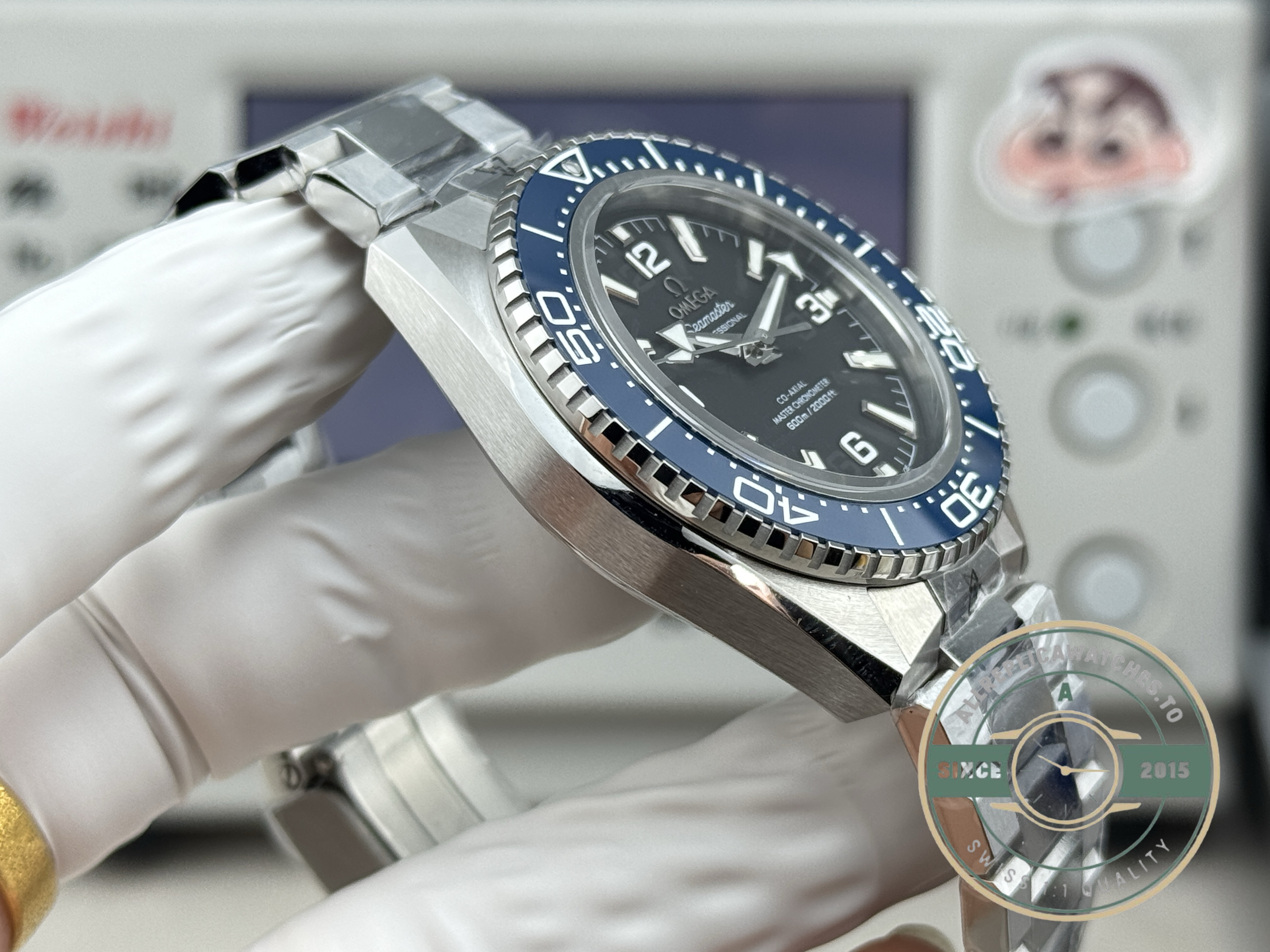 VS8900 clone calibre inside the blue-bezel Omega Planet Ocean 600M at 42mm