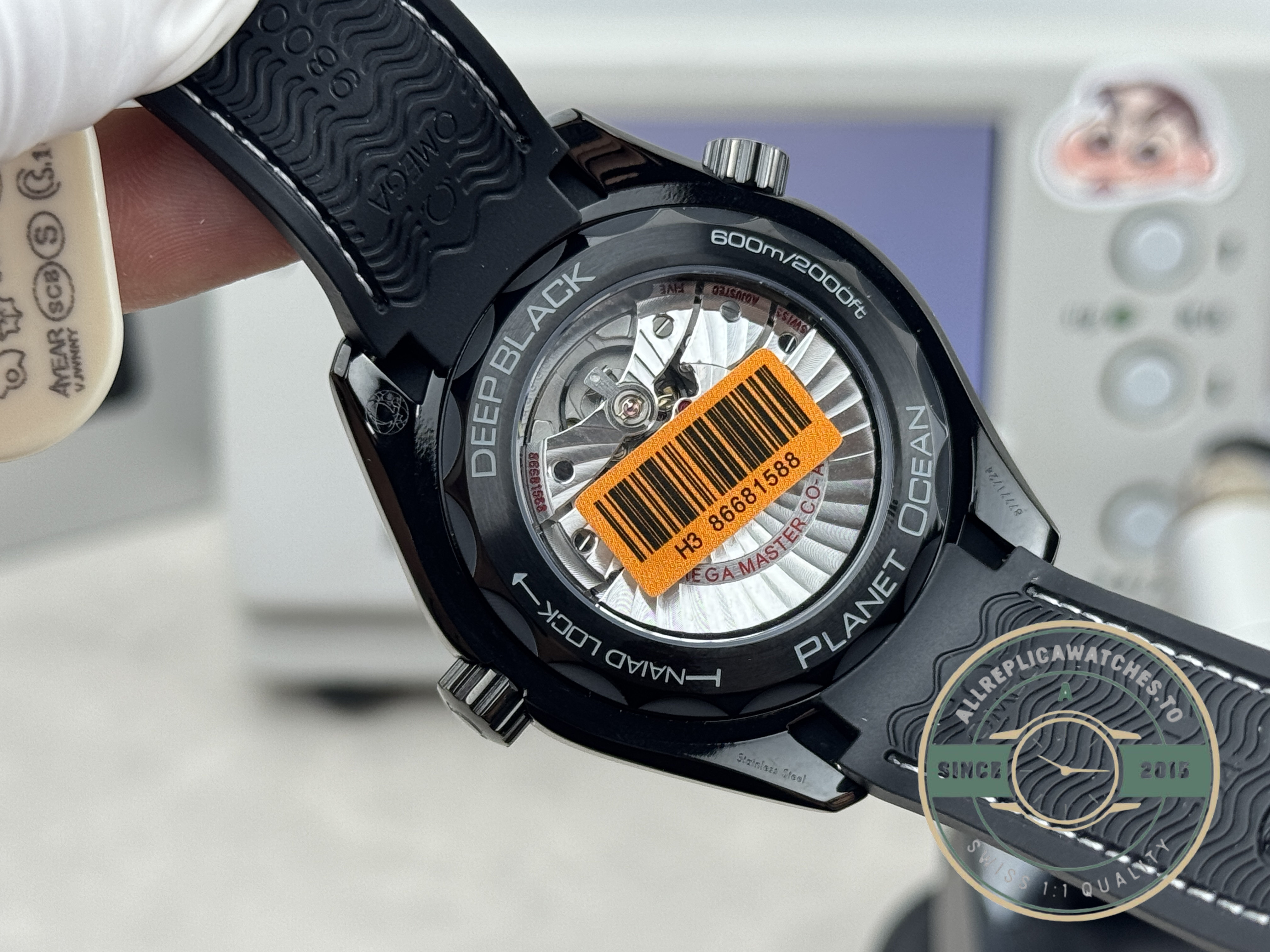 Luminous indices standing out on the black dial, clone Omega Seamaster Planet Ocean Deep Black