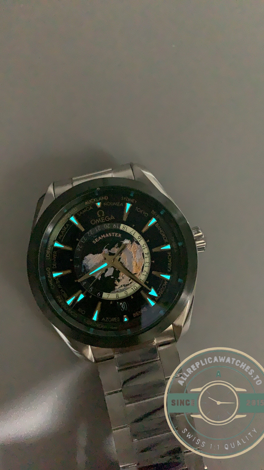 Clone Omega Aqua Terra Worldtimer steel bracelet and deployant clasp opened out flat