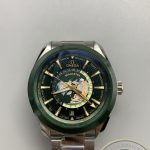 Super clone Omega Aqua Terra Worldtimer date aperture set into the green lacquered surface