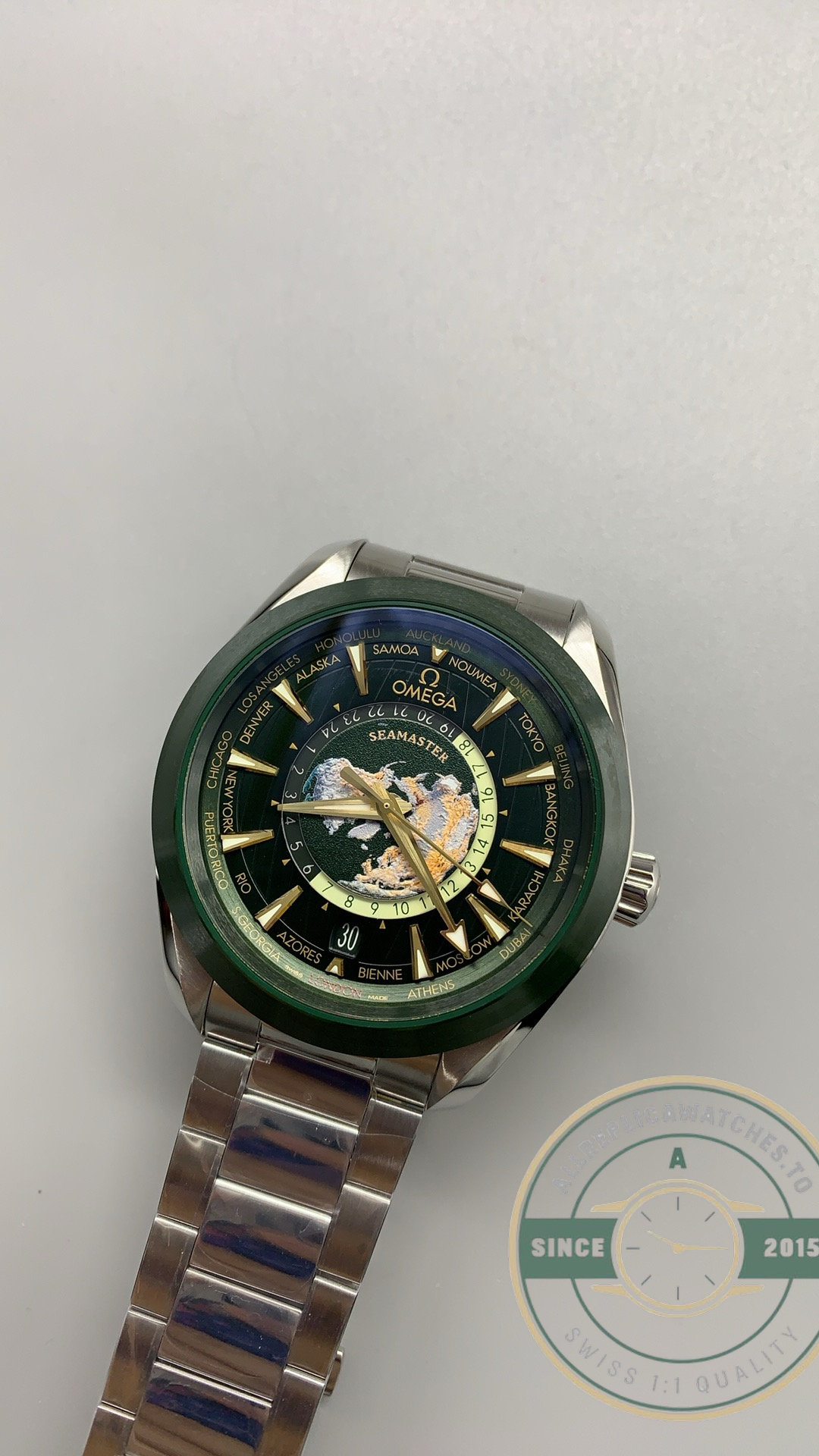 Clone Omega Aqua Terra Worldtimer central seconds hand sweeping over the home time indication