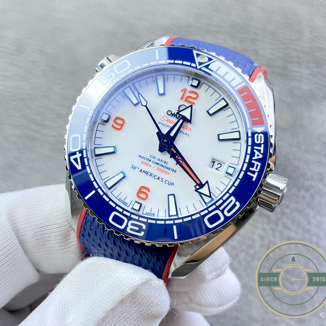 White applied-index dial of the clone Planet Ocean 6000M, luminous bars reading clean against steel