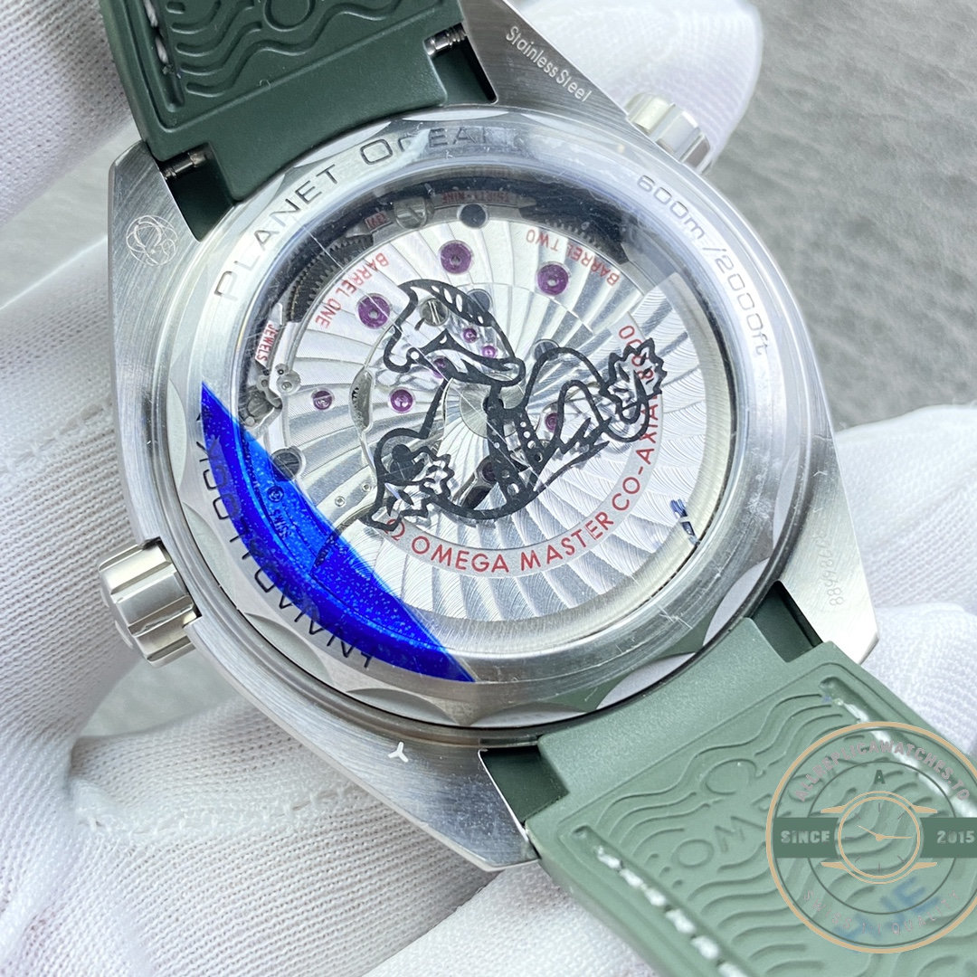 600 metres of water resistance beneath the green-bezel Omega Planet Ocean superclone