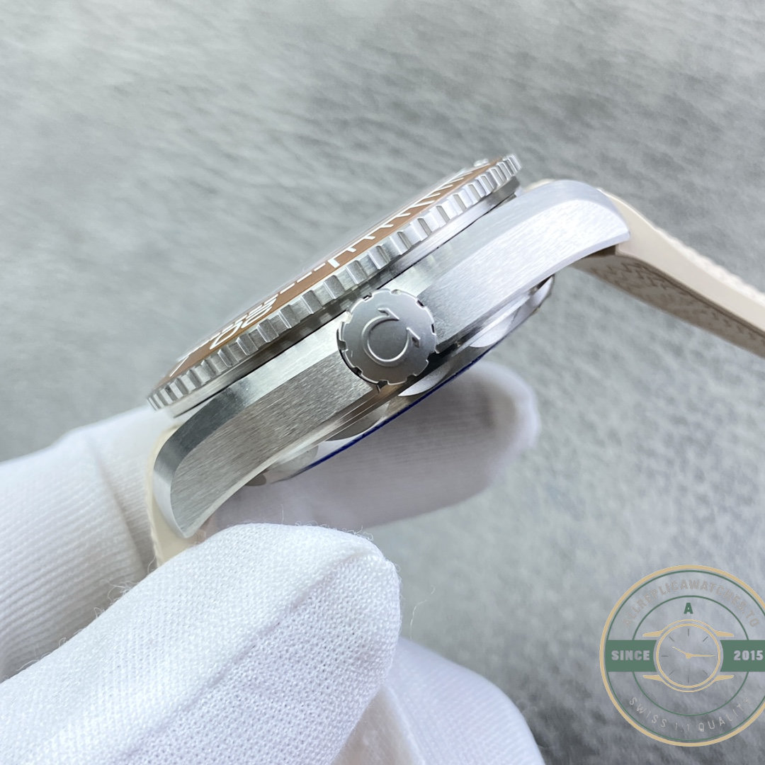 Beige dial on an Omega Planet Ocean 600M clone, warm against a tool-watch case