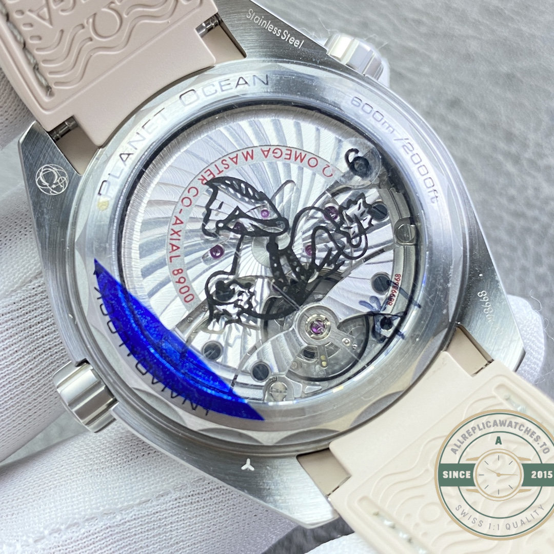 48 hours of power reserve in the beige-dial Omega Planet Ocean 600M clone