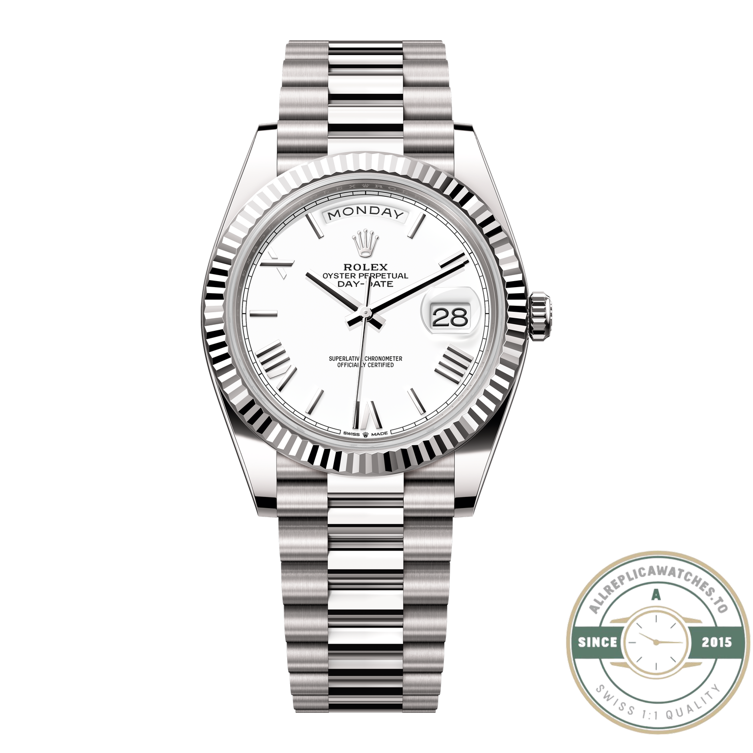 Replica Rolex Day-Date 40mm White Gold White Roman Dial Ref.228239-0046 - Image 1