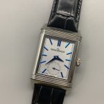 Angled three-quarter view of the JLC Reverso Tribute Duoface super clone in stainless steel