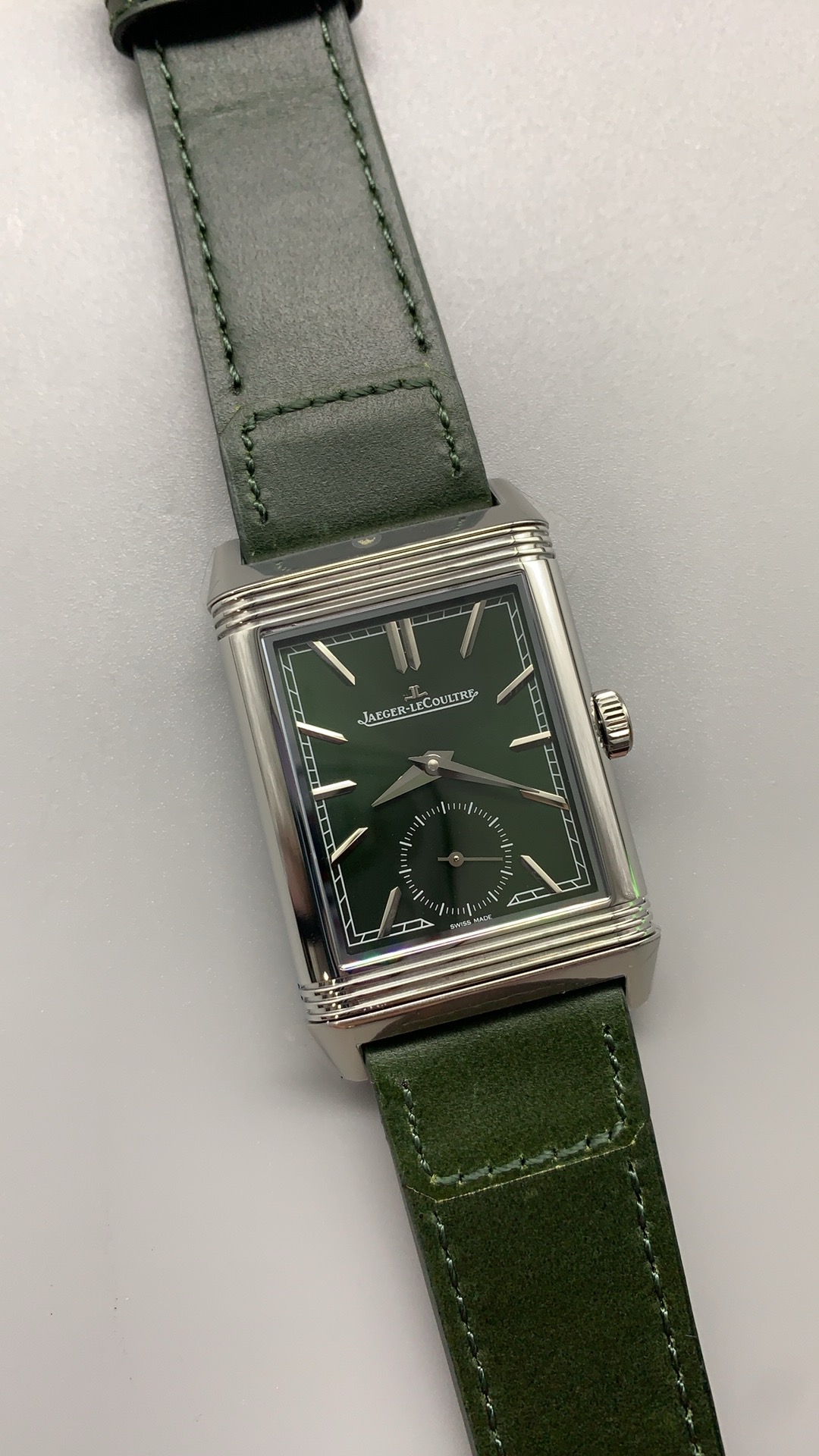 Jaeger-LeCoultre dial signature printed above the small seconds on the green Reverso replica