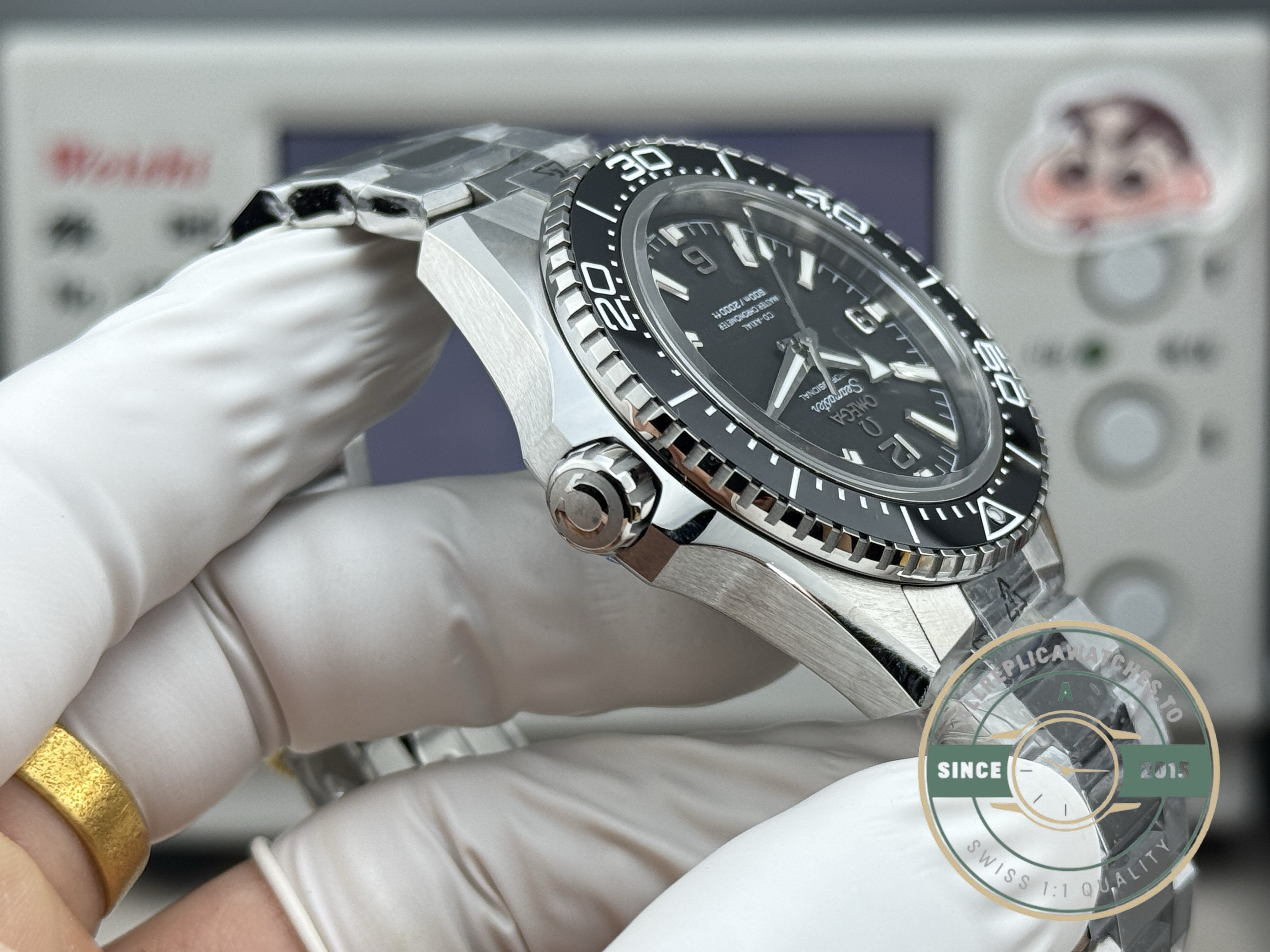 Black dial in the 42mm Planet Ocean 600M case, Omega clone in its default dress