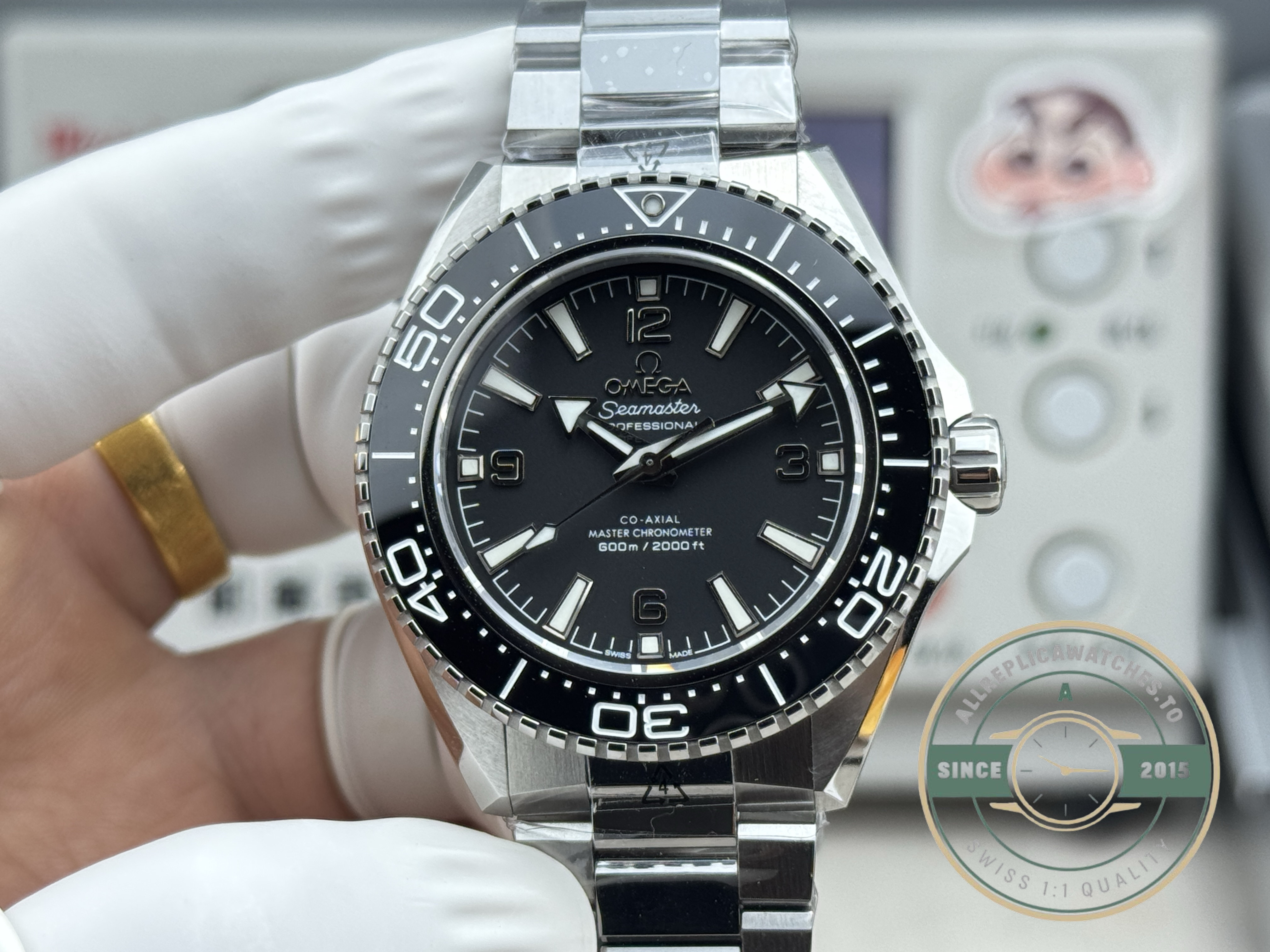 42mm diameter Omega Planet Ocean 600M super clone, black dial over a dive-ready case