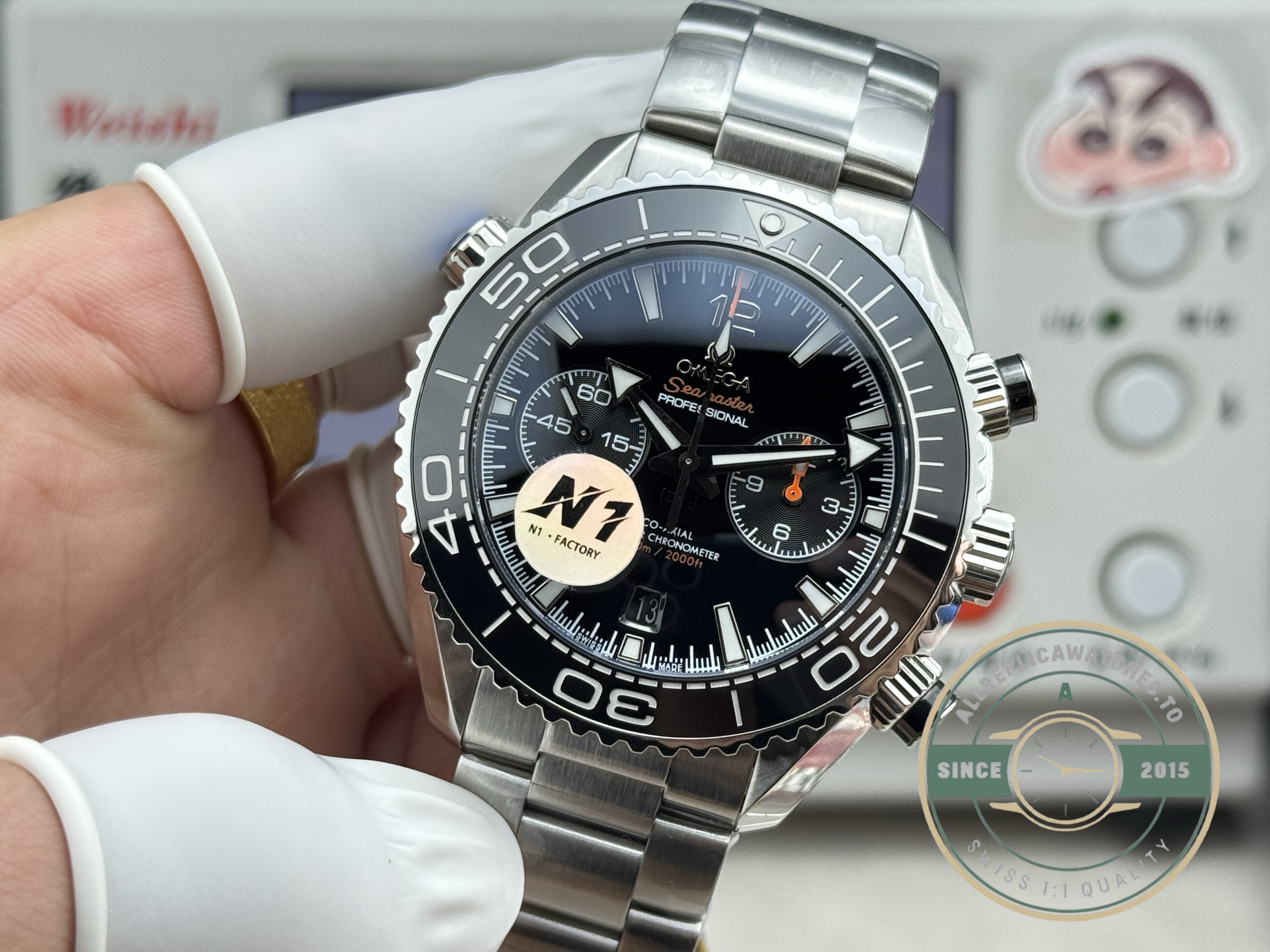Liquidmetal scale markings bonded flush into the ceramic bezel, superclone Omega Planet Ocean