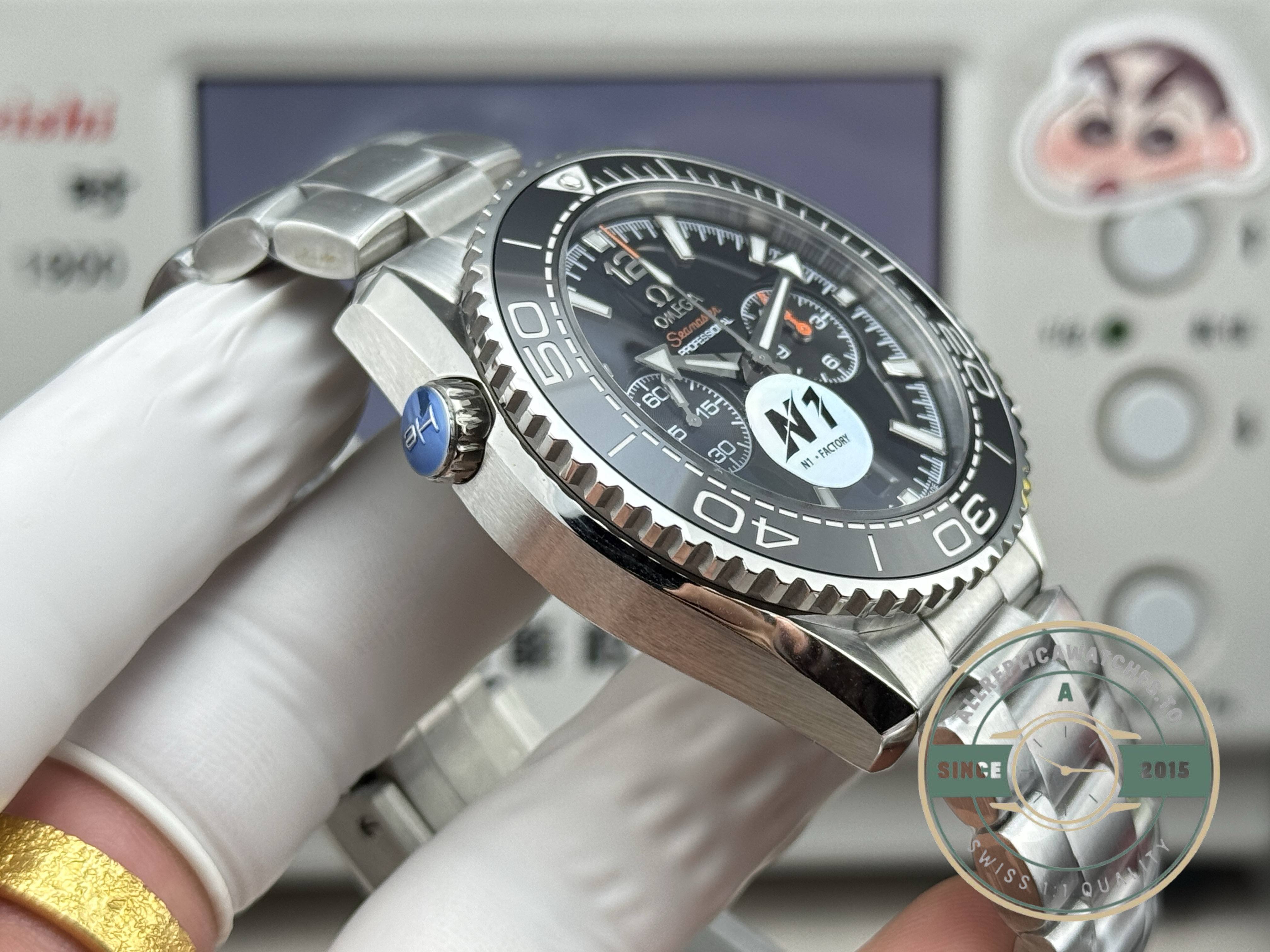 Applied luminous indices with SuperLuminova fill, clone Omega Planet Ocean chronograph dial