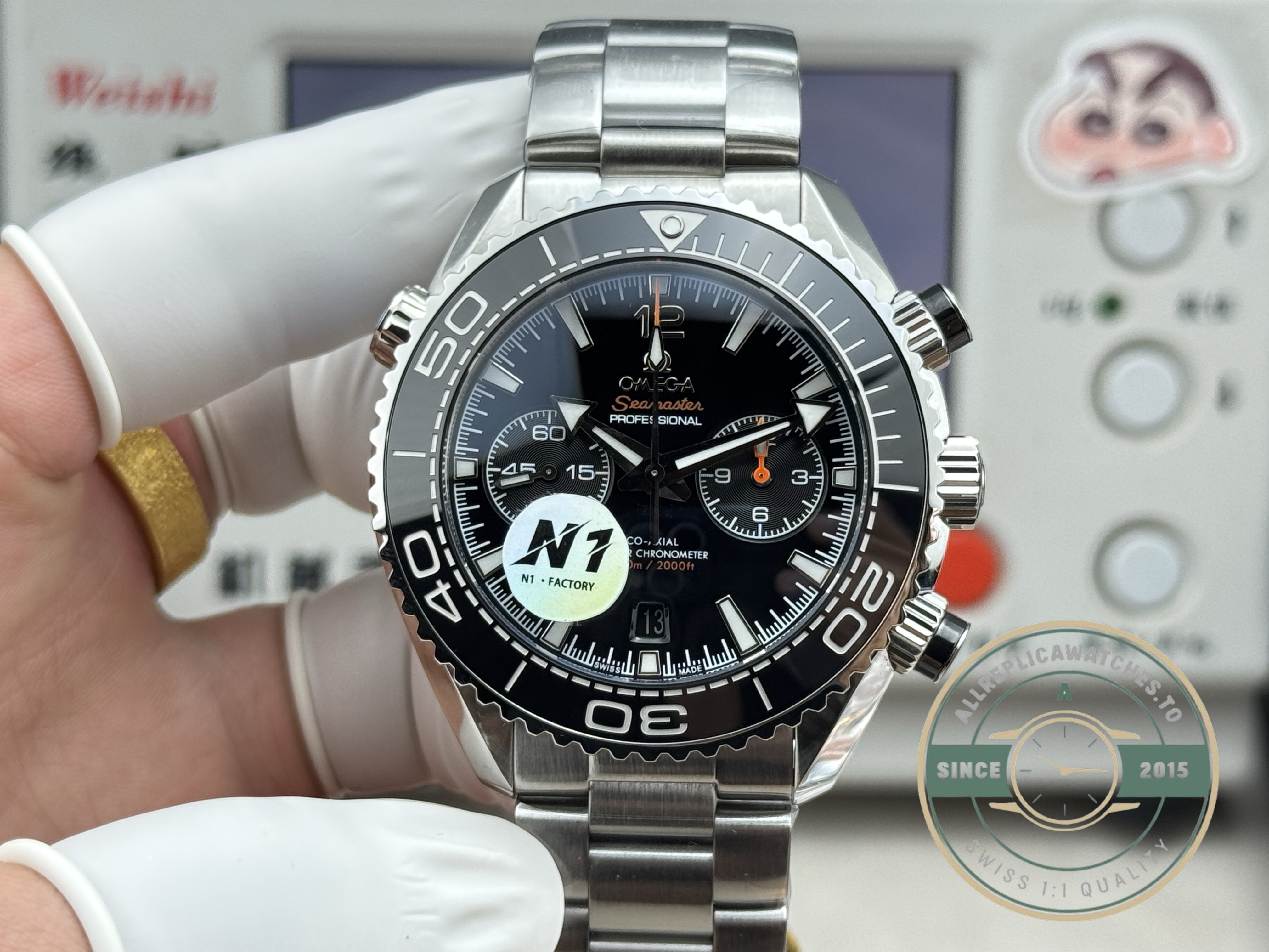 Wave-pattern engraving across the caseback of the replica Omega Planet Ocean 600M