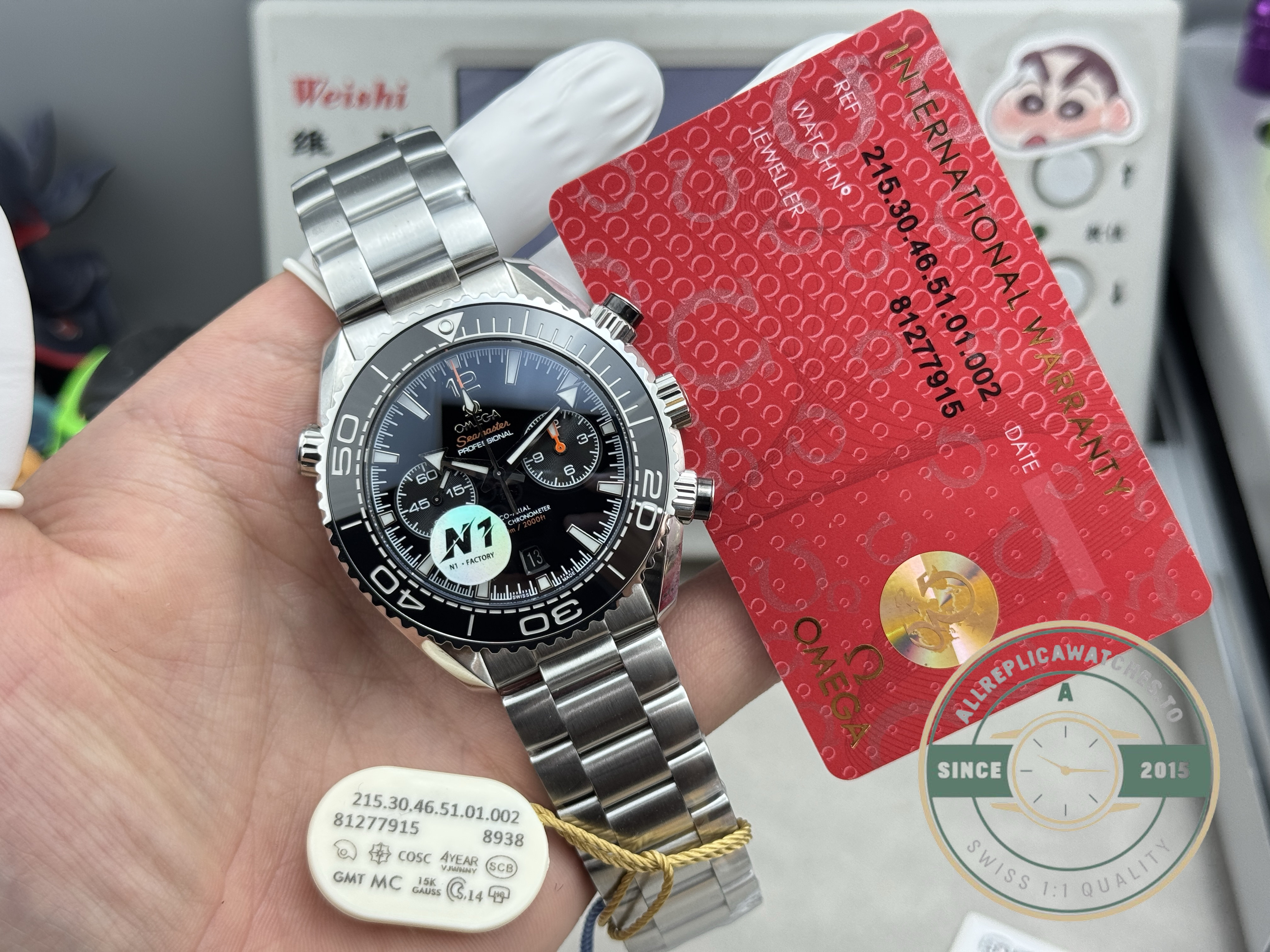 Steel bracelet with micro-adjust diver extension, clone Omega Planet Ocean chronograph