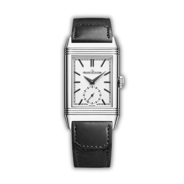 JLC Reverso Tribute Small Seconds Q713842J front view, silvered white dial on black leather