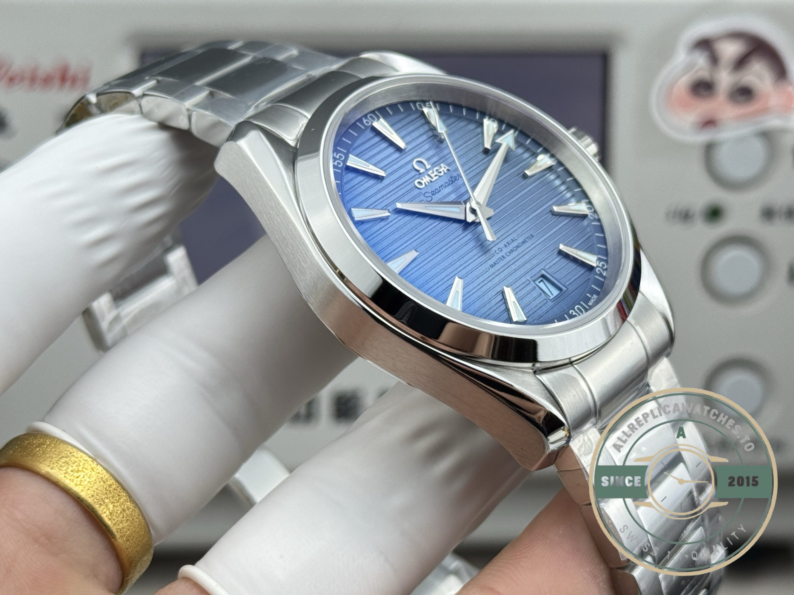 Each teak groove casting its own micro-shadow, superclone Omega Aqua Terra dark navy dial