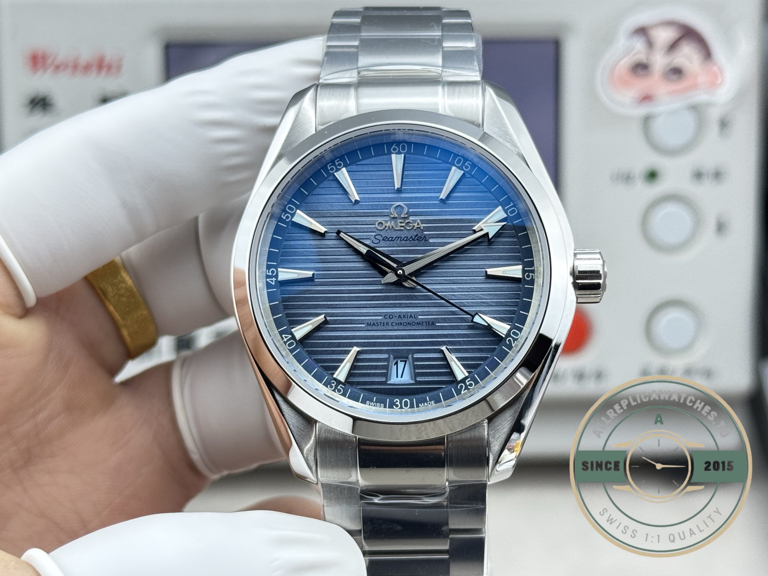 Navy lightening toward marine blue in sunlight, super clone Omega Seamaster Aqua Terra