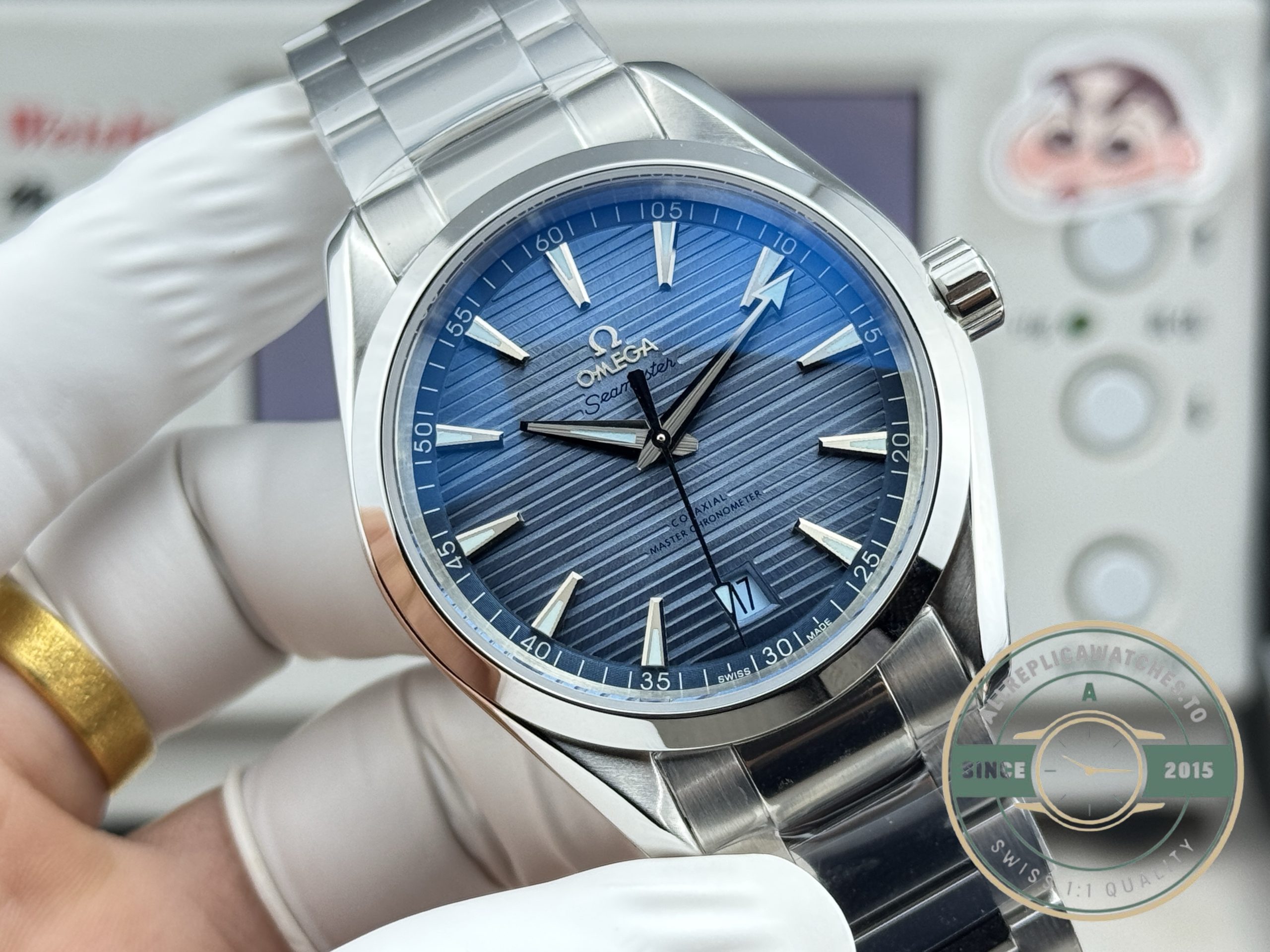 Rhodium-plated bridges under the caseback of the superclone Omega Aqua Terra dark blue