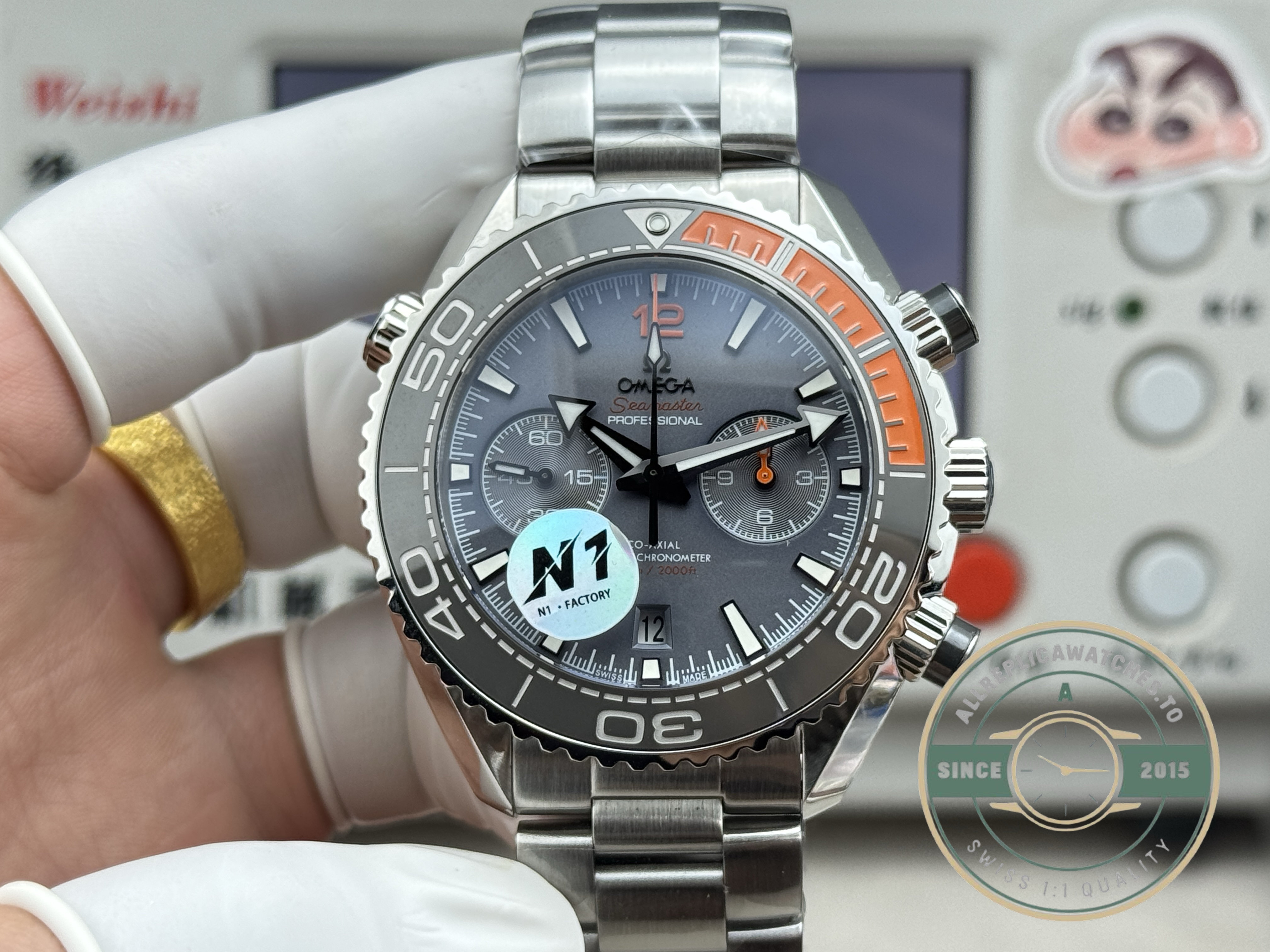 Domed double-coated sapphire crystal above the clone Omega Planet Ocean titanium dial