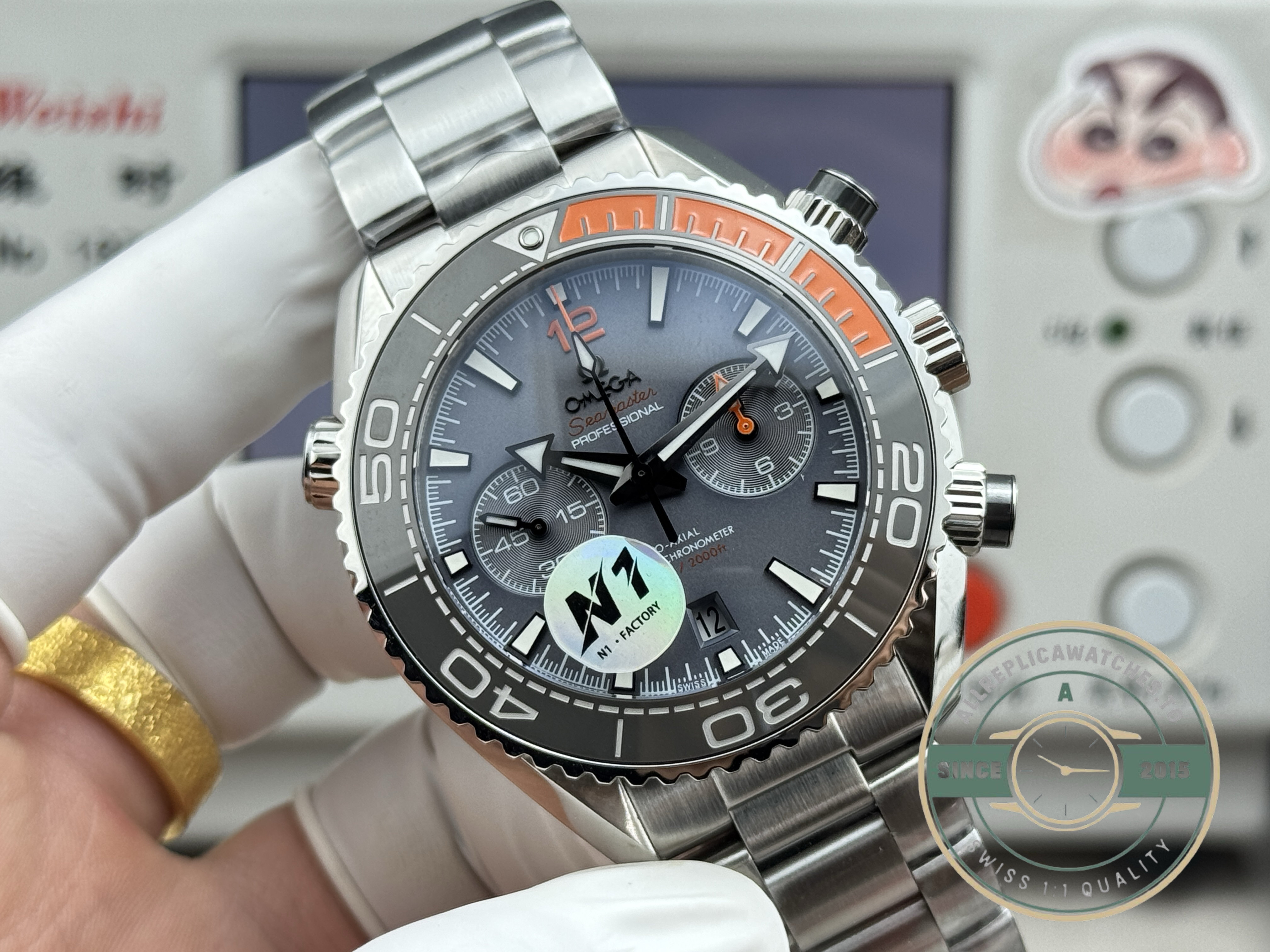 High-contrast dial layout drawn for underwater legibility, clone Omega Planet Ocean in titanium