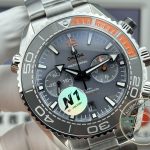 Date window and central seconds on the replica Omega Planet Ocean titanium dial