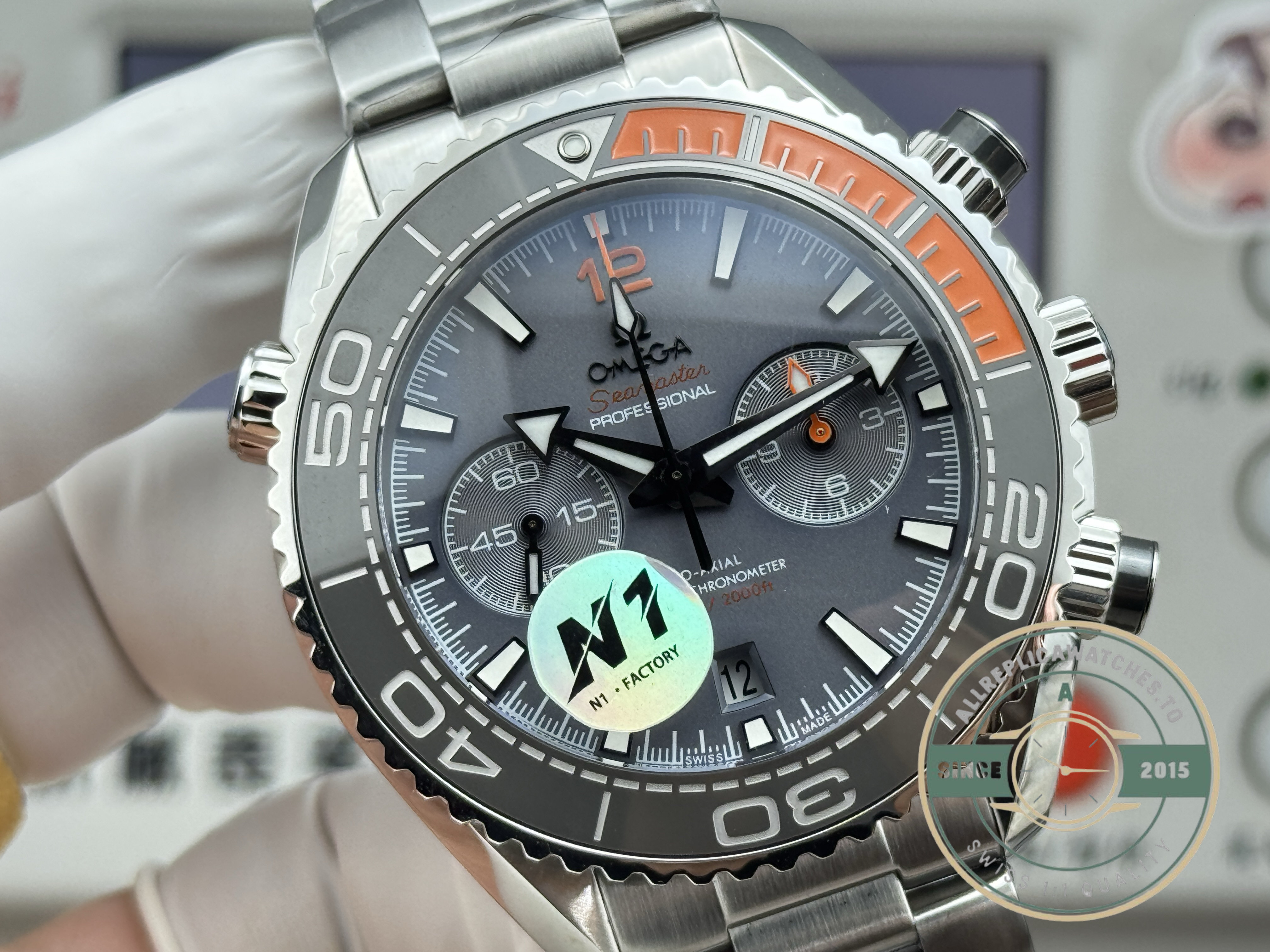 Date window and central seconds on the replica Omega Planet Ocean titanium dial