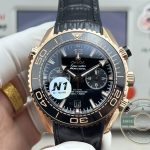 Clone Omega Planet Ocean 600M chronograph, its black dial carrying the elapsed-time subdials