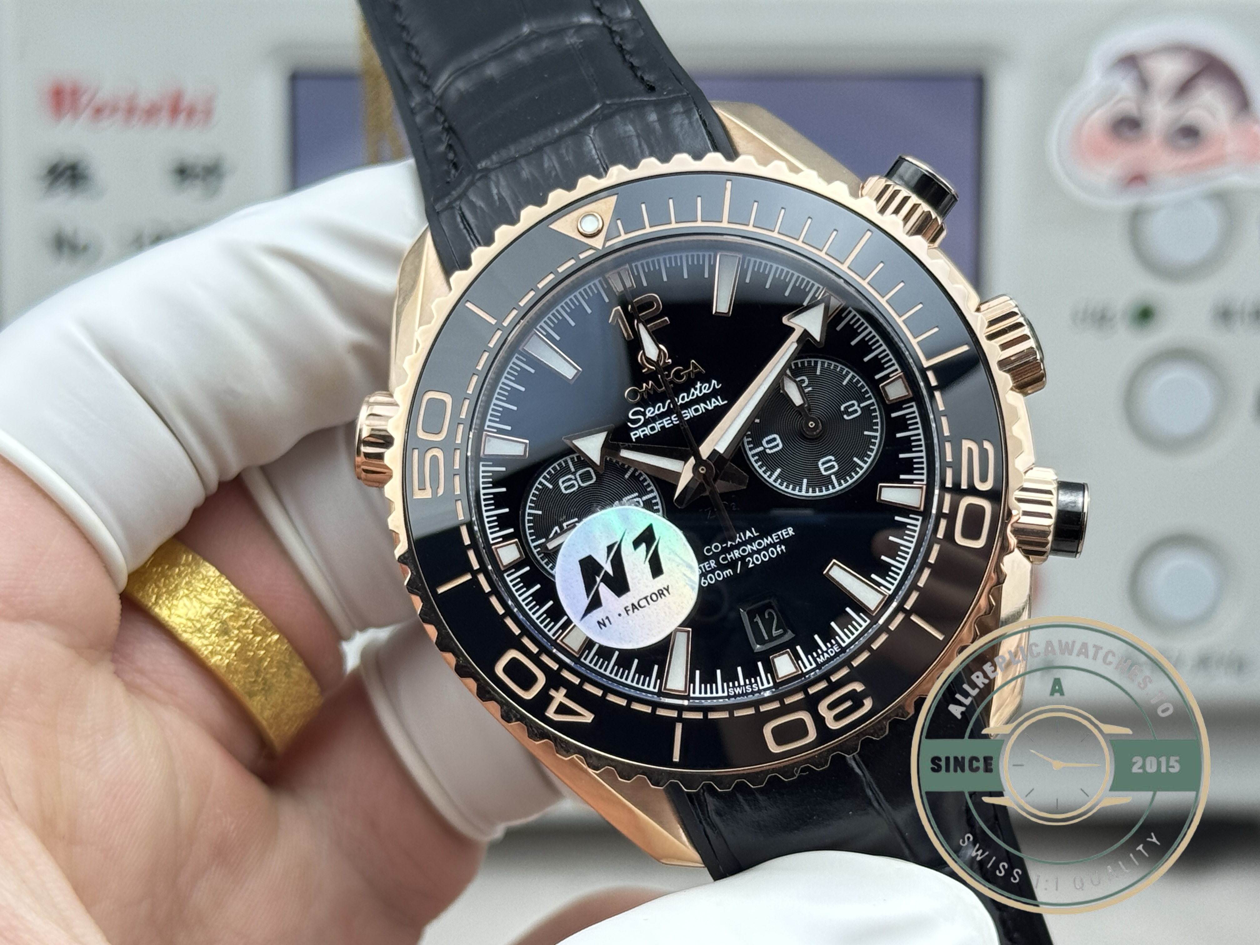 Chronograph pushers set into the superclone Omega Planet Ocean 600M case, start-stop-reset in sequence
