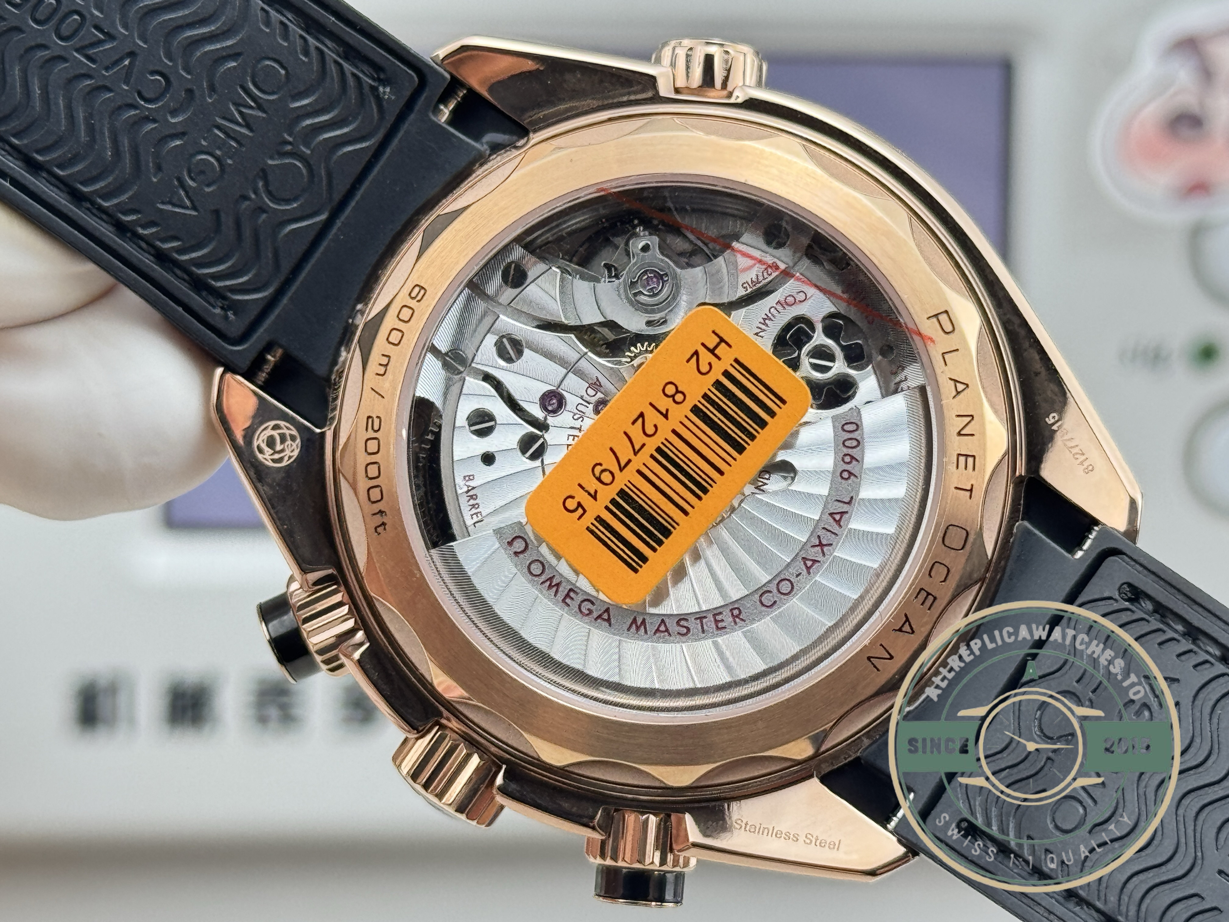 Automatic chronograph architecture under the black dial of this superclone Omega Planet Ocean 600M