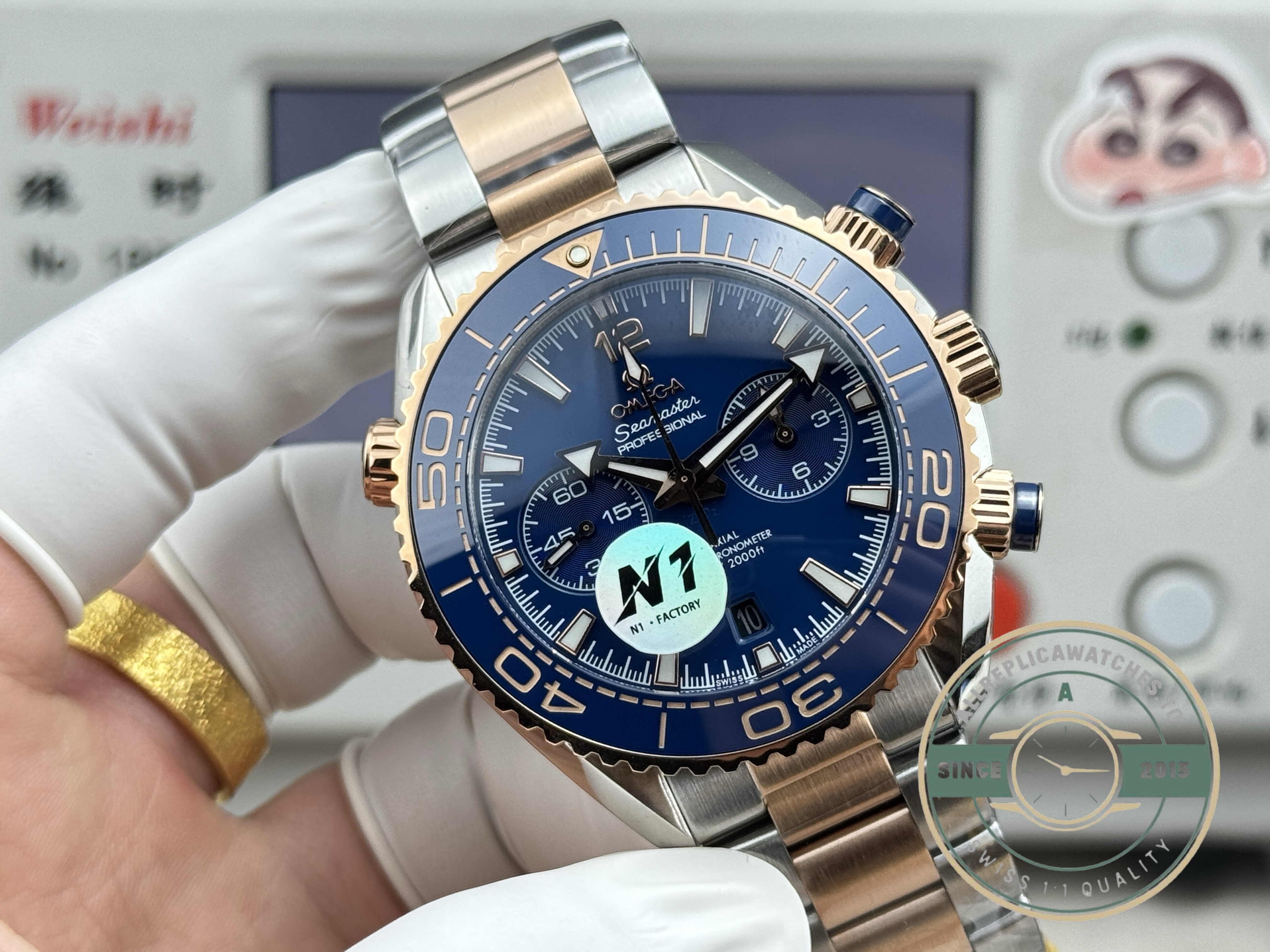 Blue dial with applied indices on the 45.5mm Planet Ocean 600M chronograph superclone