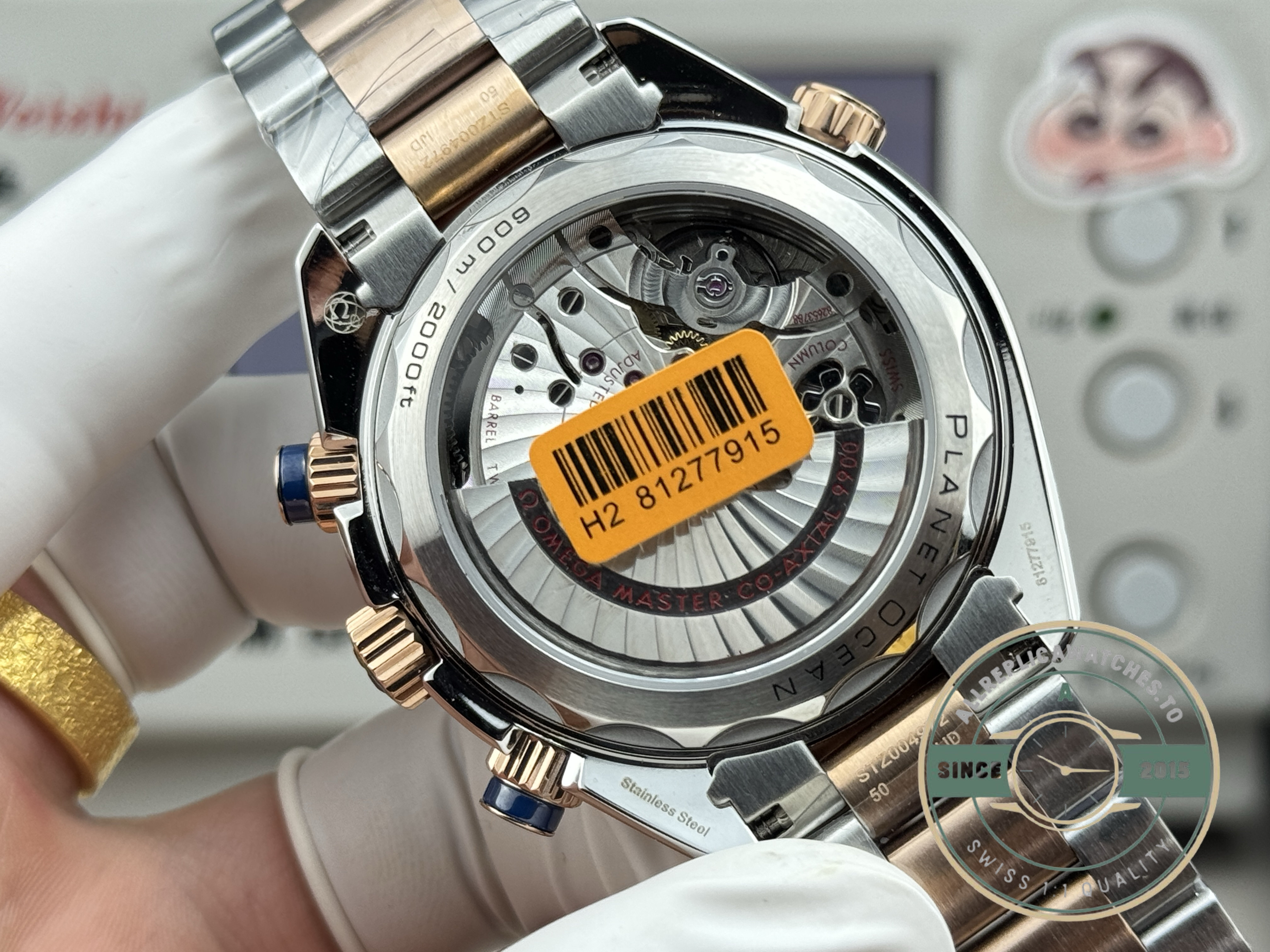 Chronograph pushers at two and four o'clock on the super clone Planet Ocean 600M case