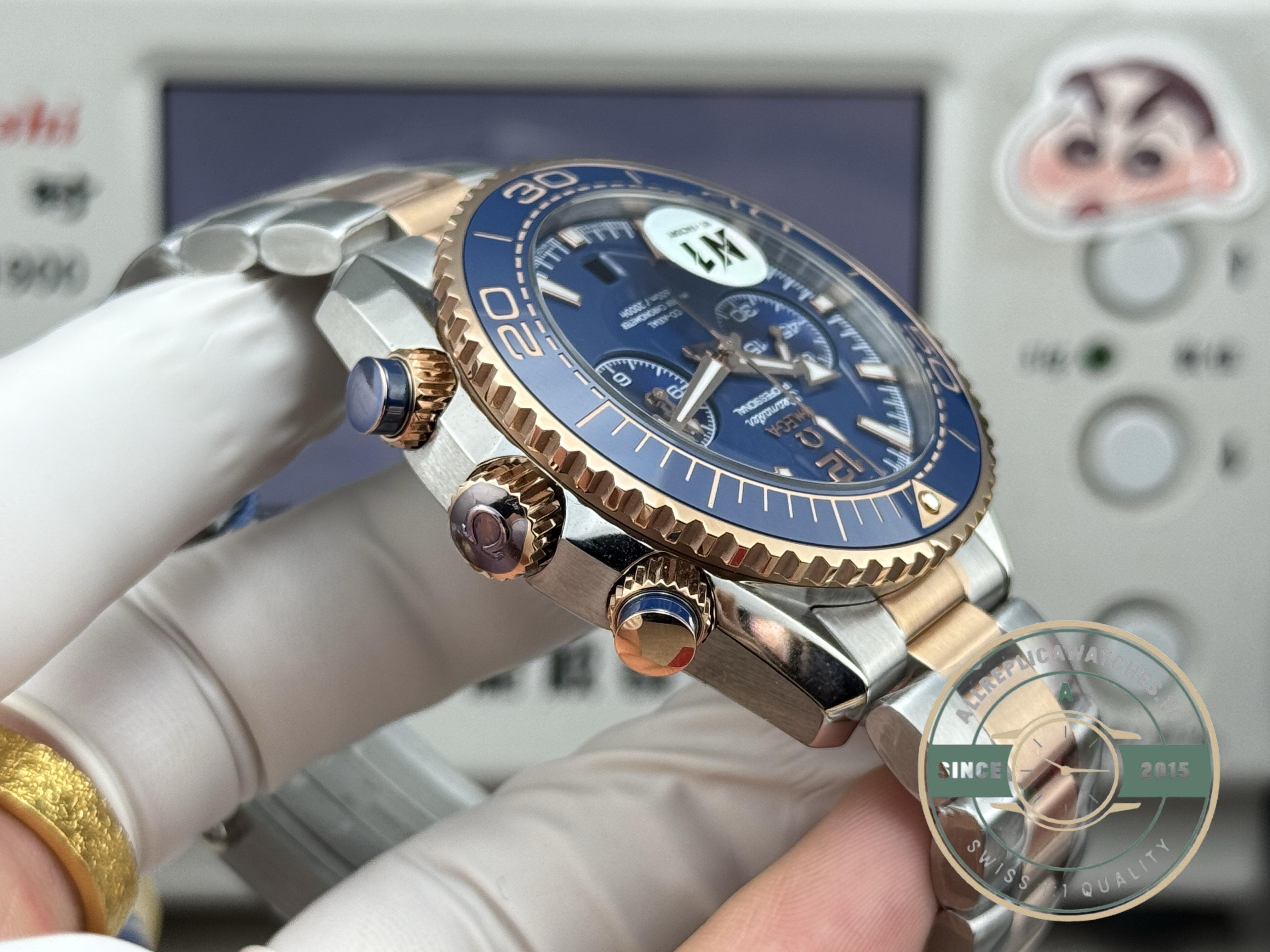 Clone 9900 automatic chronograph, 48-hour reserve, inside the 45.5mm Planet Ocean case