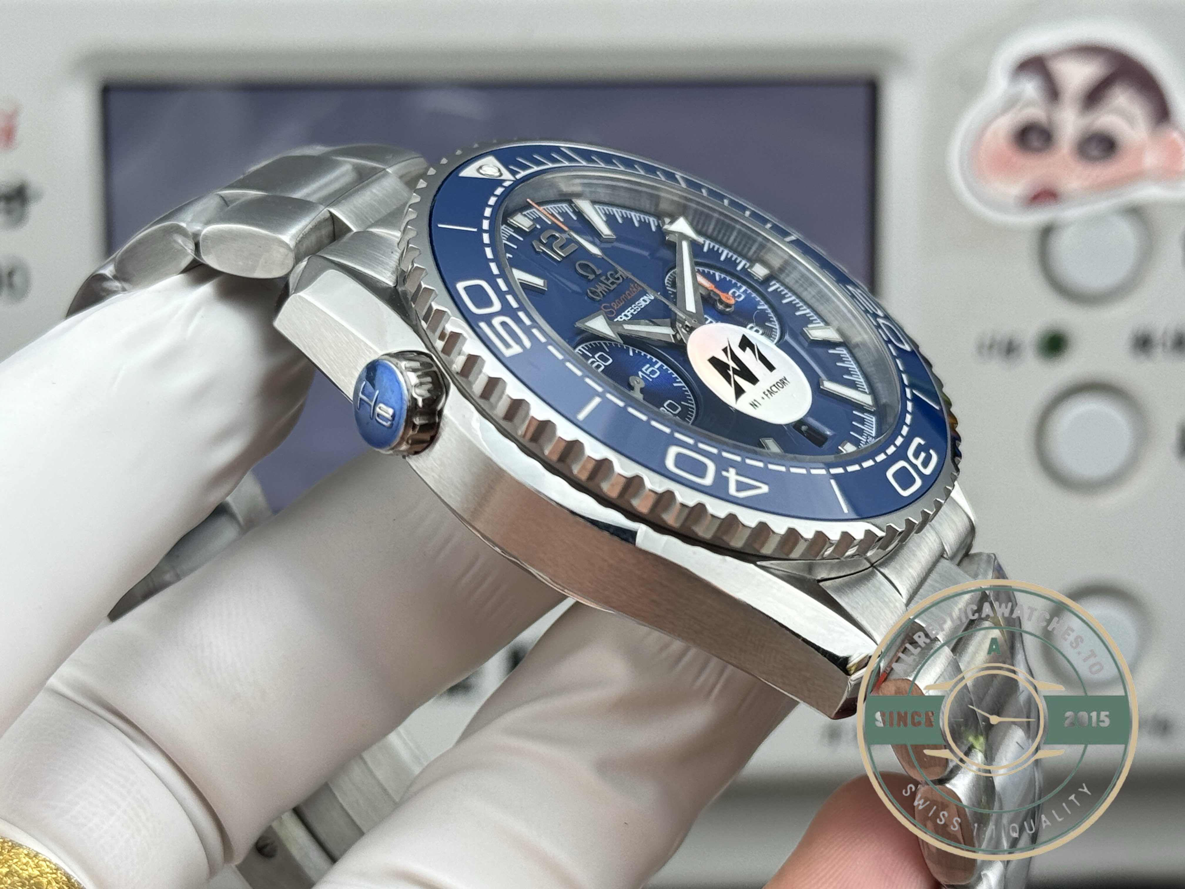 Steel bracelet and diver's extension clasp anchoring the 45.5mm superclone Omega Seamaster