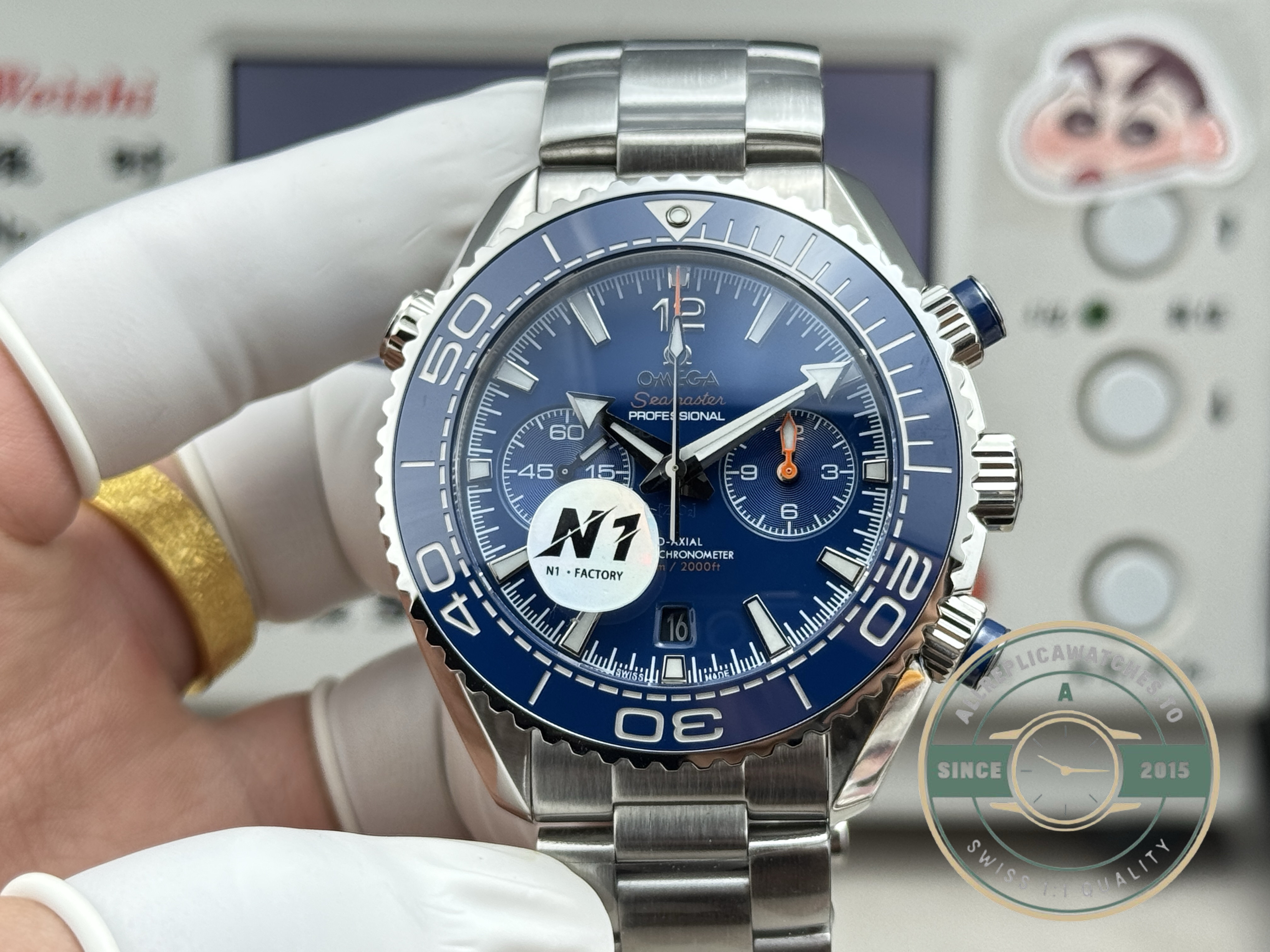 Sapphire crystal with anti-reflective coating above the blue super clone Planet Ocean dial