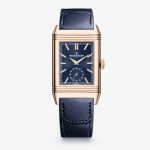 JLC Reverso Tribute Duoface replica front view, blue sunray dial with applied gold baton markers