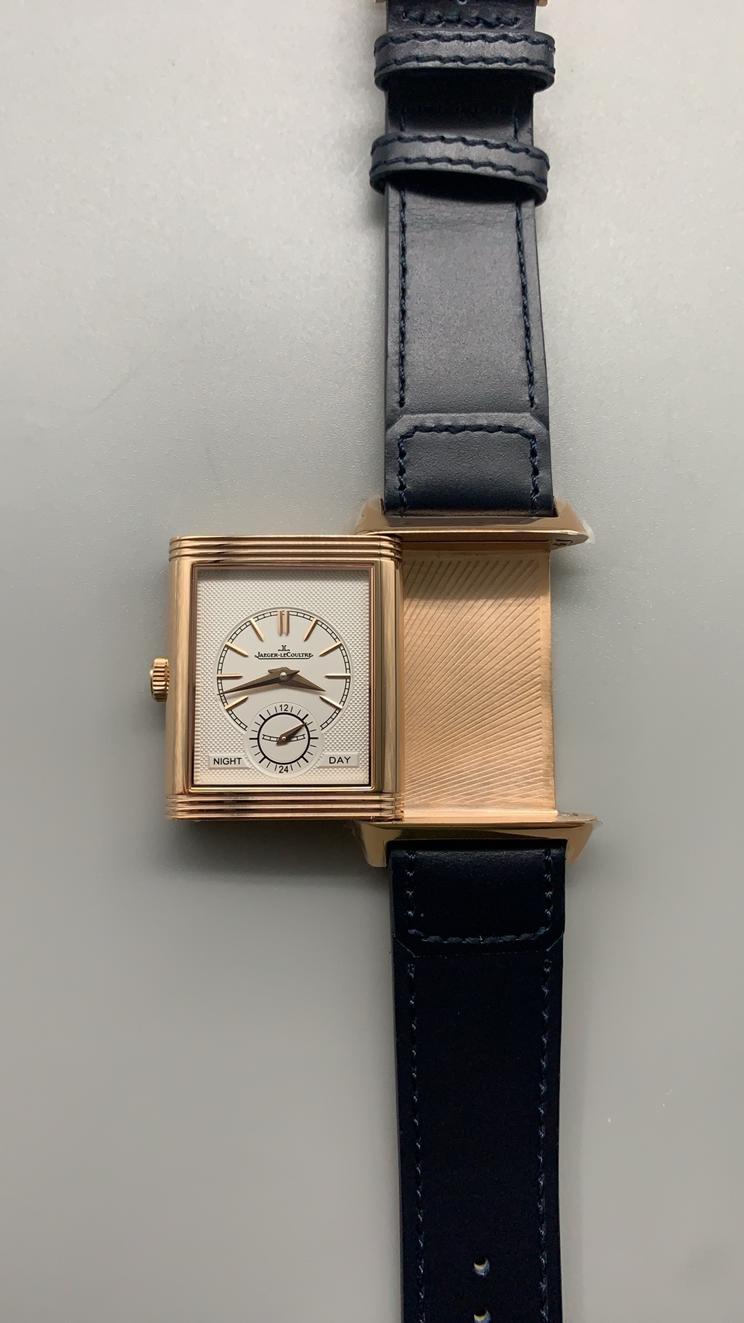Close-up of the small seconds subdial at six o'clock on the blue sunray dial of the Duoface