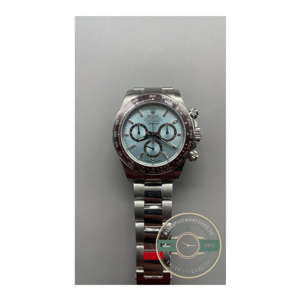 Rolex Daytona super clone front view, housing the DD4130 clone chronograph movement